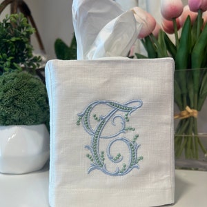 Custom Monogrammed Linen Tissue Cover with Beaded Script Monogram