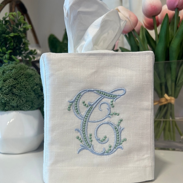 Custom Monogrammed Linen Tissue Cover with Beaded Script Monogram