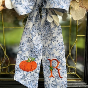 80" BOW Fall Elegant ORANGE Pumpkin Vine Wreath Longer BOW, Pumpkin Monogram Wreath Bow for Front door
