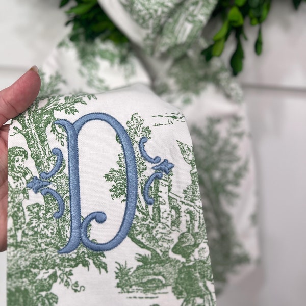 Classic French Toile Wreath Sash with Rose Solid Monogram, Classic Monogram Wreath Bow