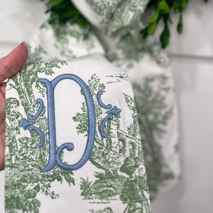 Classic French Toile Wreath Sash with Solid Rose Monogram, Classic Monogram Wreath Bow