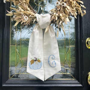 Fall CHIC BLUE Pumpkin Wreath Sash, Pumpkin Monogram Wreath Bow for Front door