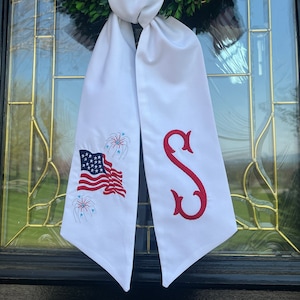 Patriotic Flag Monogram Wreath Sash, Memorial Day Wreath Bow, July 4th Door Decor