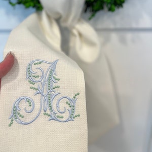 OUTDOOR FABRIC Wreath Sash with Beaded Script Monogram, Wreath Bow, Monogram Front Door, Housewarming Gift, Wedding Decor, Bridal Gift Creamy White OUTDOOR