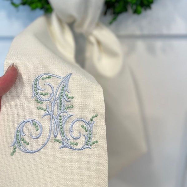 OUTDOOR FABRIC Wreath Sash with Beaded Script Monogram, Wreath Bow, Monogram Front Door, Housewarming Gift, Wedding Decor, Bridal Gift