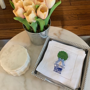 Custom Embroidered Linen Cocktail Napkins | Bow Topiary | Housewarming gift | Hostess Gift | Wedding Gift | Mother&#39;s Day gift | Bar Cart