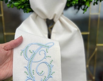 OUTDOOR FABRIC Wreath Sash with Beaded Script Monogram, Wreath Bow, Monogram Front Door, Housewarming Gift, Wedding Decor, Bridal Gift