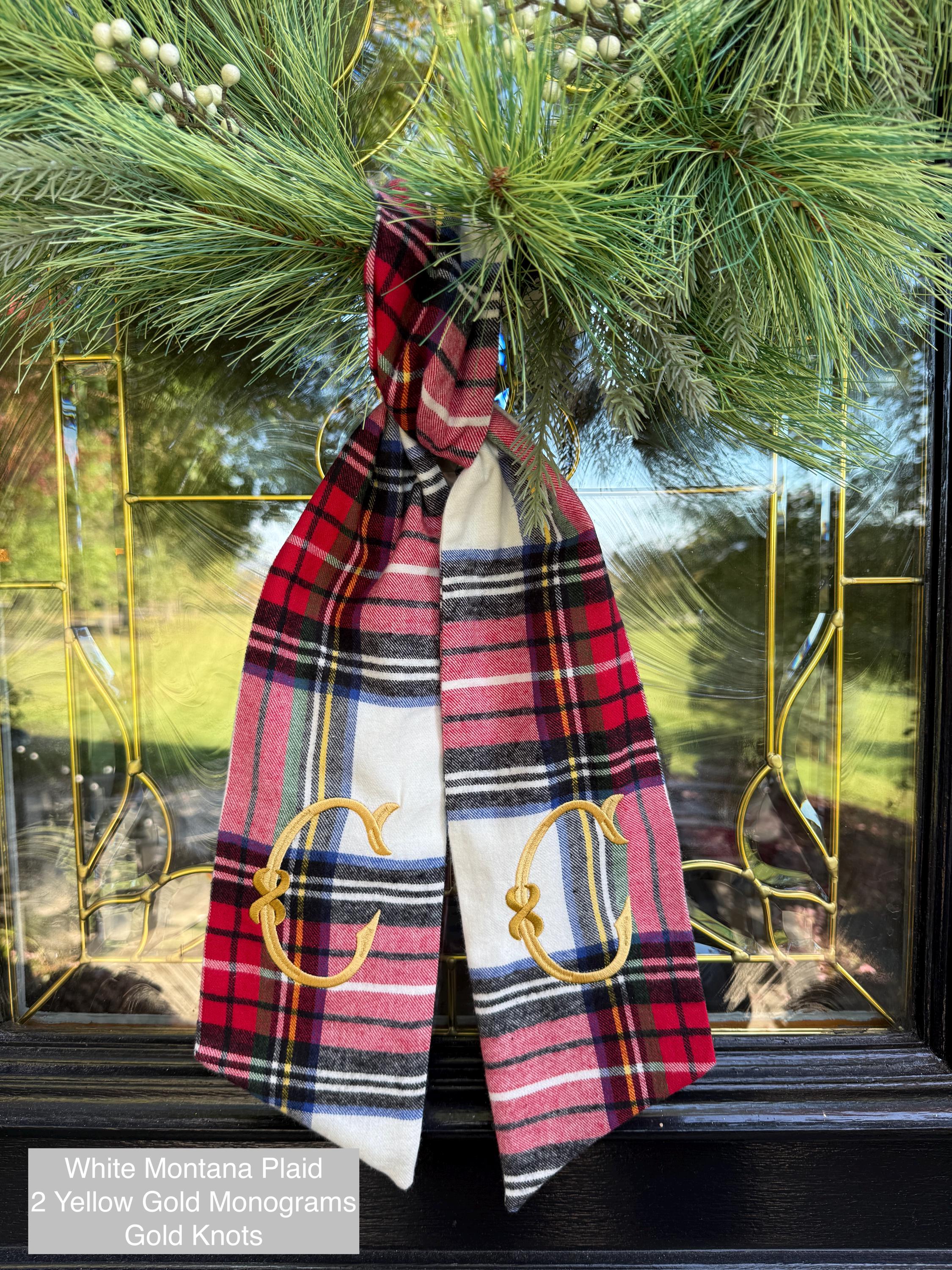 Christmas Tartan Plaid Wreath Sash with Monogram, Wreath Bow, Monogram Front Door, Housewarming Gift, Wedding Decor, Bridal Gift