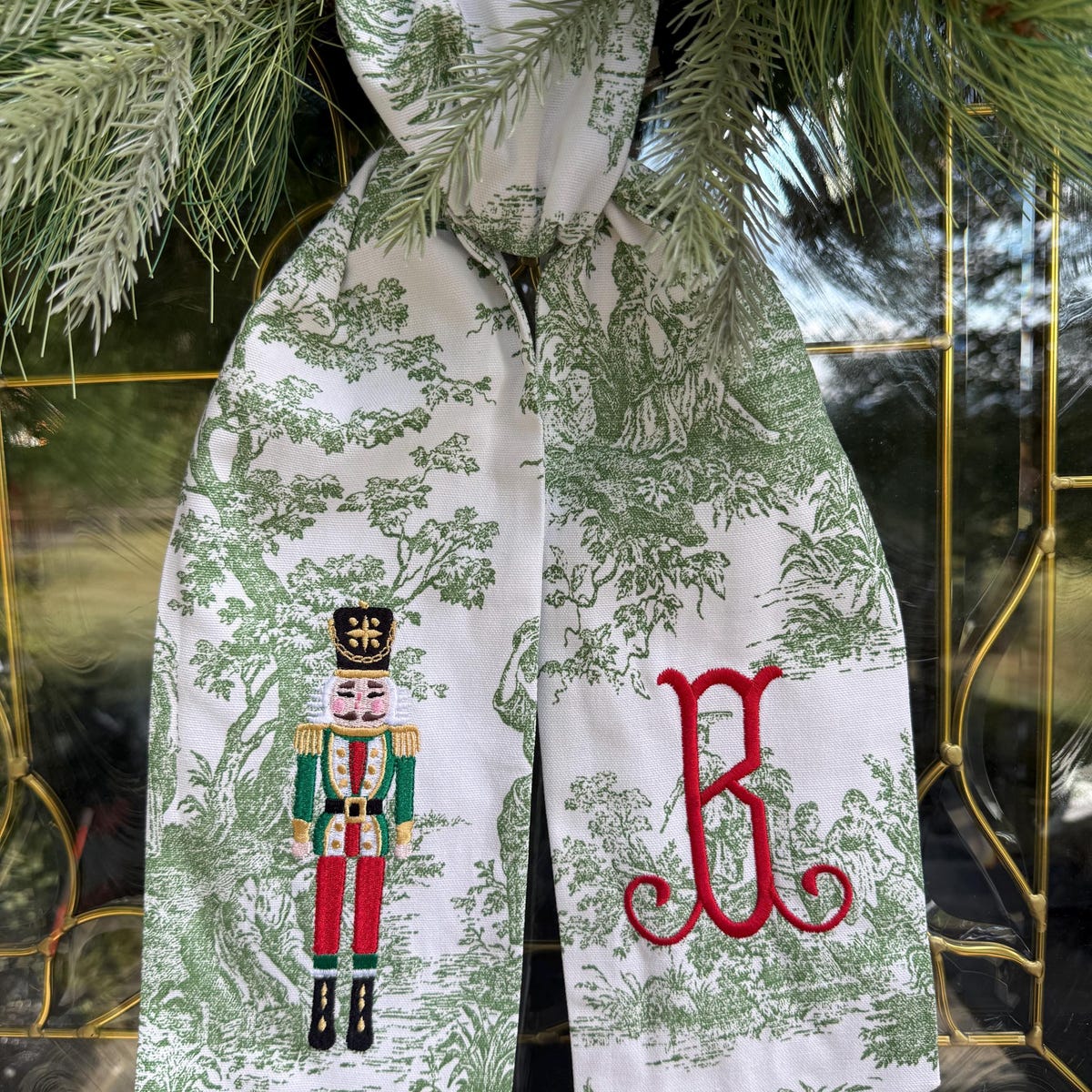 Monogrammed Nutcracker Christmas Wreath Sash: Red & Green Toile, Red/christmas Green Nutcracker - Etsy