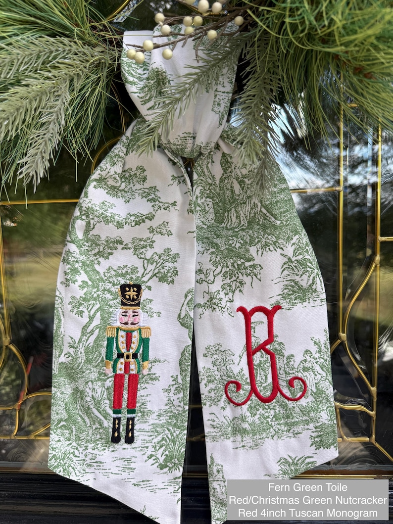 Monogrammed Nutcracker Christmas Wreath Sash: Red & Green Toile, Red/Christmas Green Nutcracker