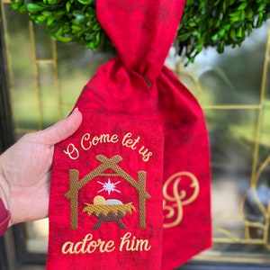 Nativity Christmas Wreath Sash with Monogram, Nativity Wreath Bow, Oh Come Let Us Adore Him Bow, Monogram Front Door, Housewarming Gift