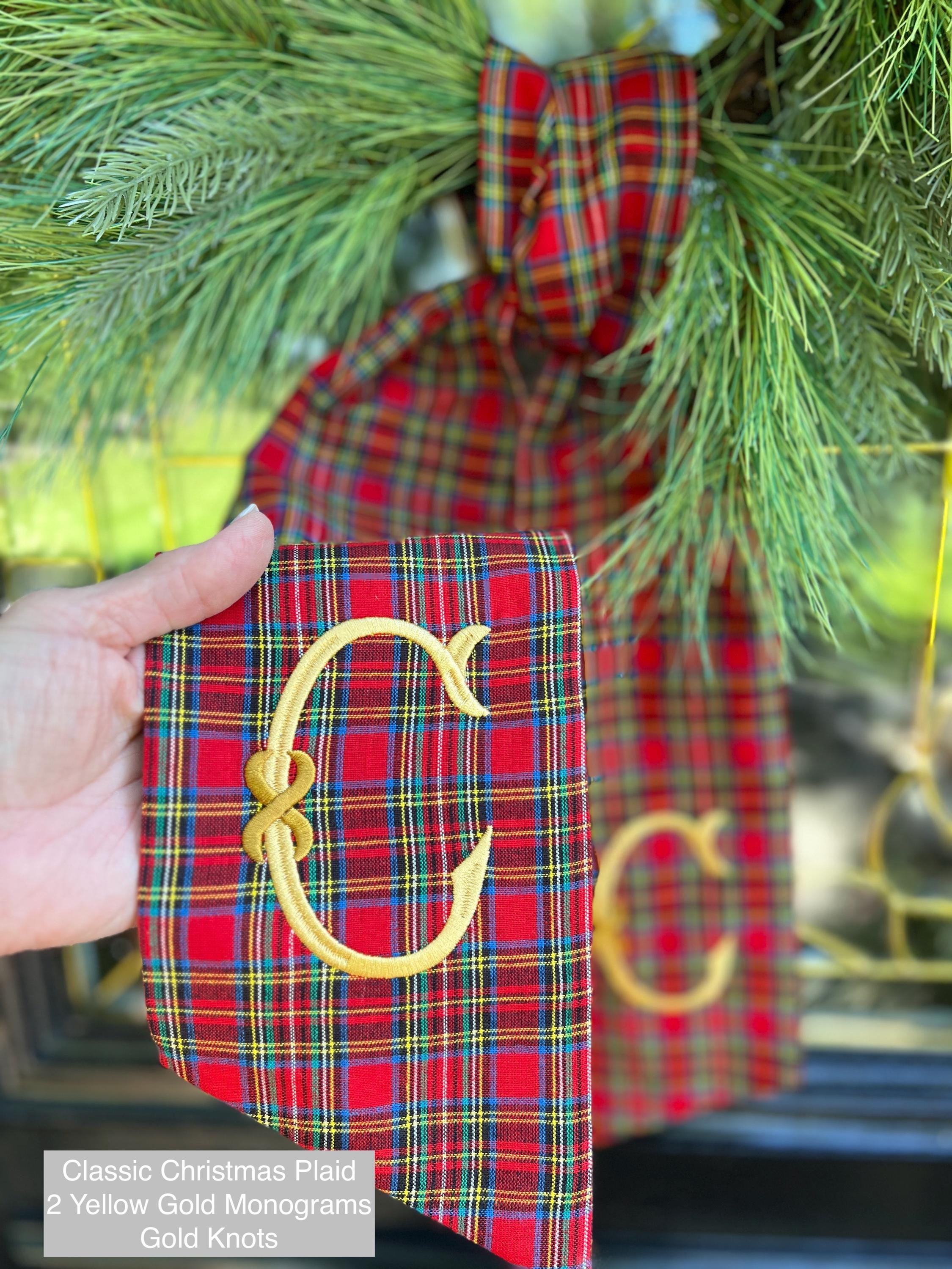 Christmas Tartan Plaid Wreath Sash with Monogram, Wreath Bow, Monogram Front Door, Housewarming Gift, Wedding Decor, Bridal Gift