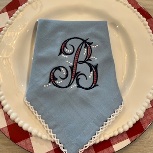 Patriotic Monogrammed Napkin, Embroidered Dinner Napkin with Beaded Script