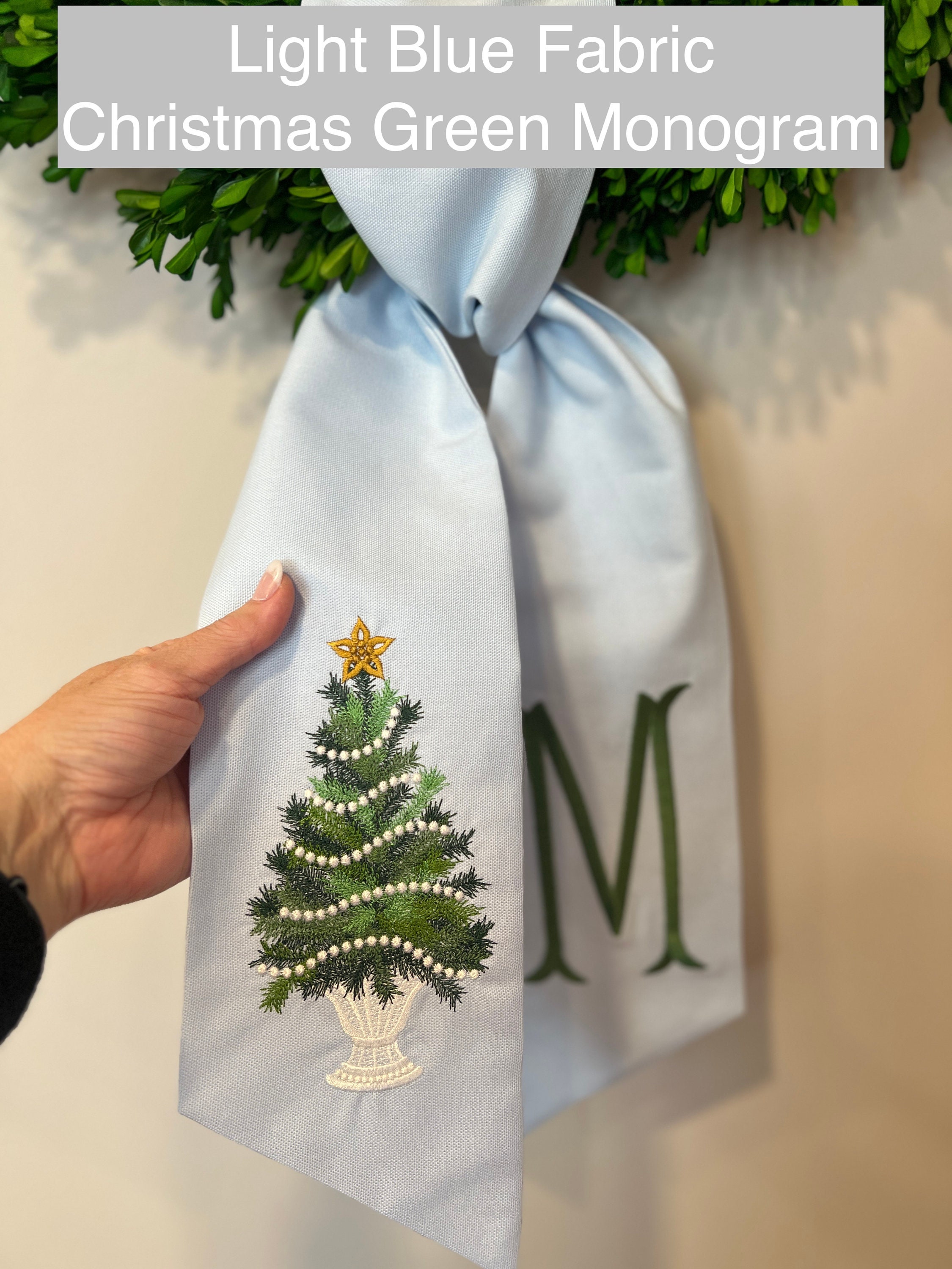 Emerald Green XL Christmas Tree Wreath Sash with Monogram, Wreath Bow, Front Door Christmas Decoration