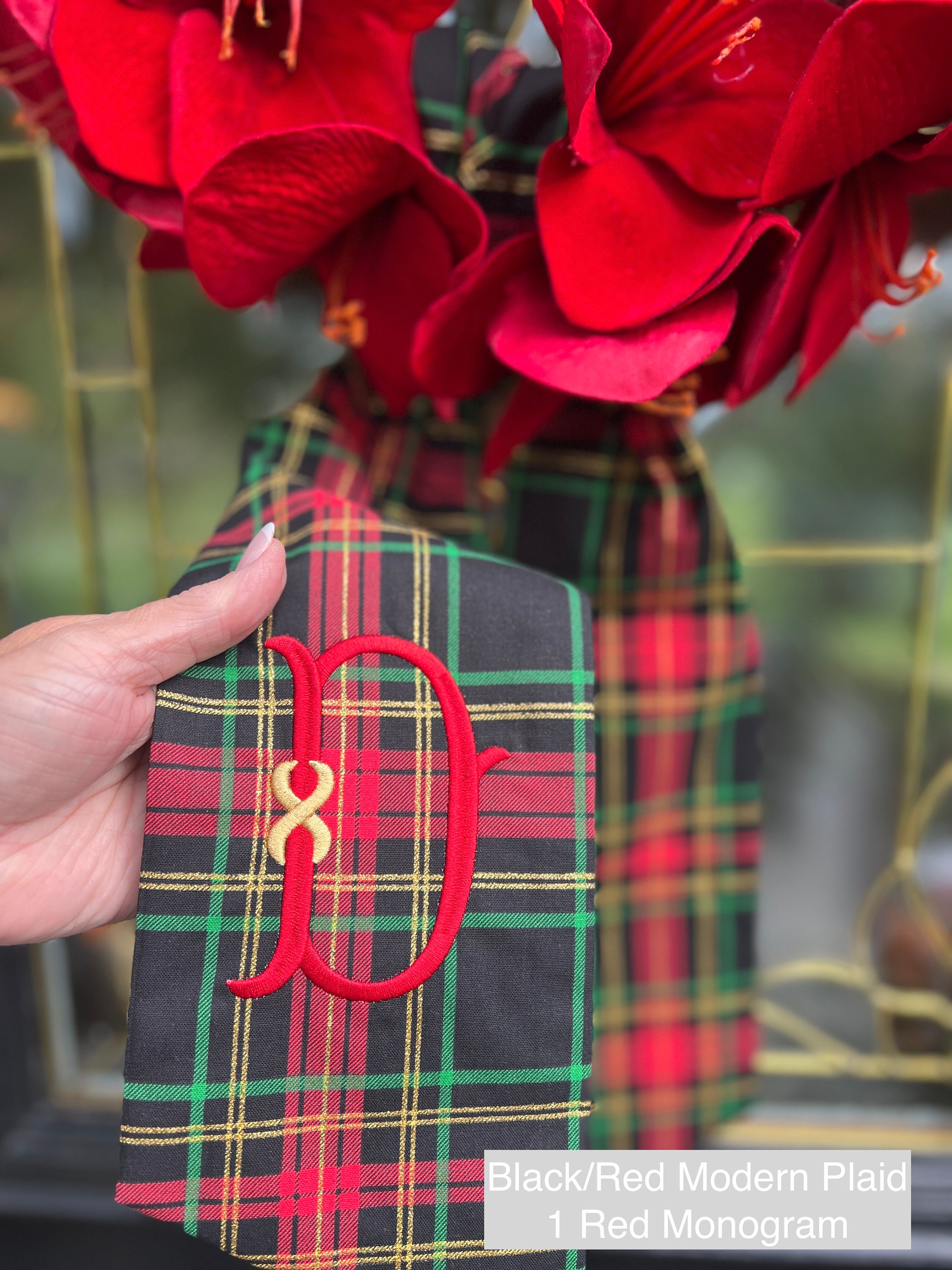 Christmas Tartan Plaid Wreath Sash with Monogram, Wreath Bow, Monogram Front Door, Housewarming Gift, Wedding Decor, Bridal Gift