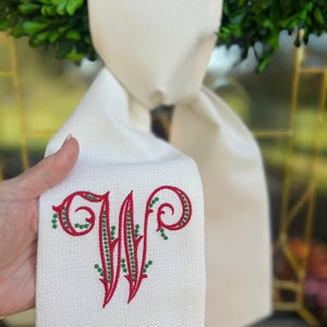 OUTDOOR FABRIC Wreath Sash with Beaded Script Monogram, Wreath Bow, Monogram Front Door, Housewarming Gift, Wedding Decor, Bridal Gift image 6
