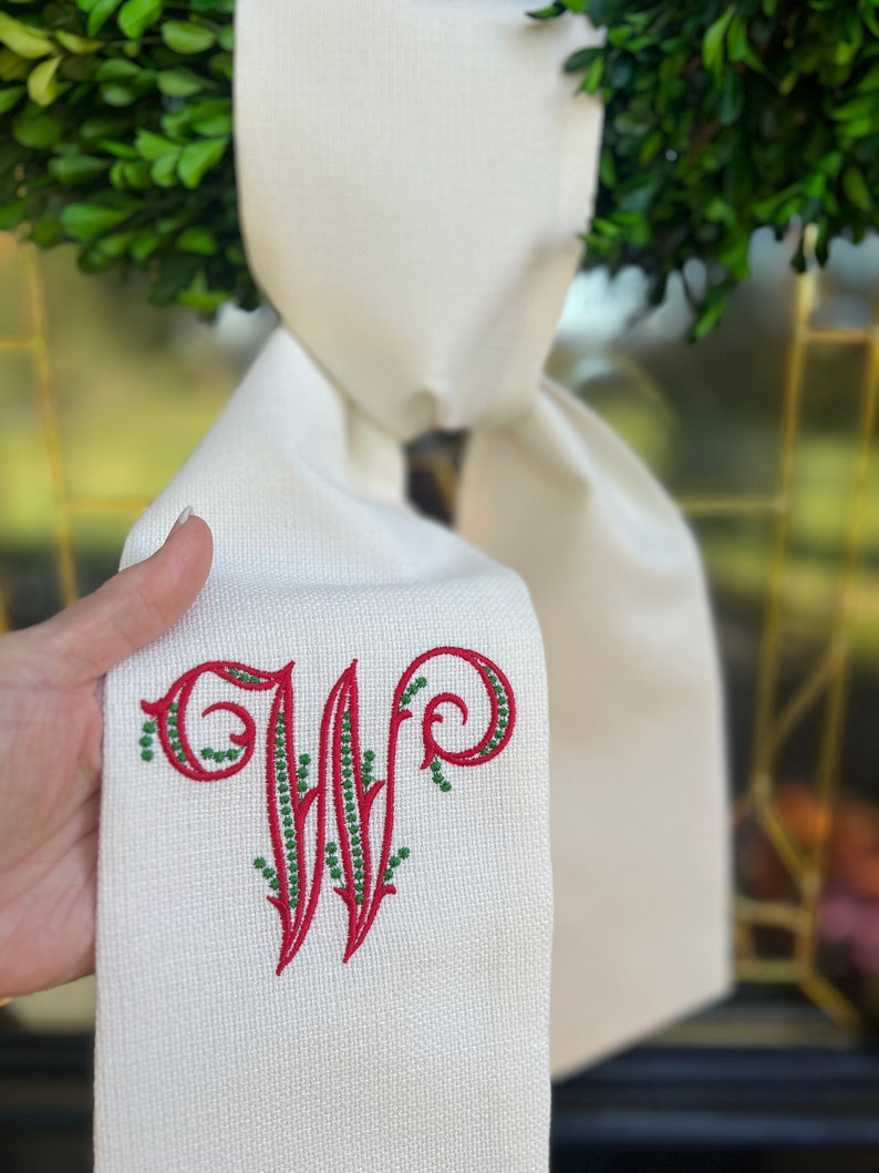 OUTDOOR FABRIC Wreath Sash with Beaded Script Monogram, Wreath Bow, Monogram Front Door, Housewarming Gift, Wedding Decor, Bridal Gift image 6