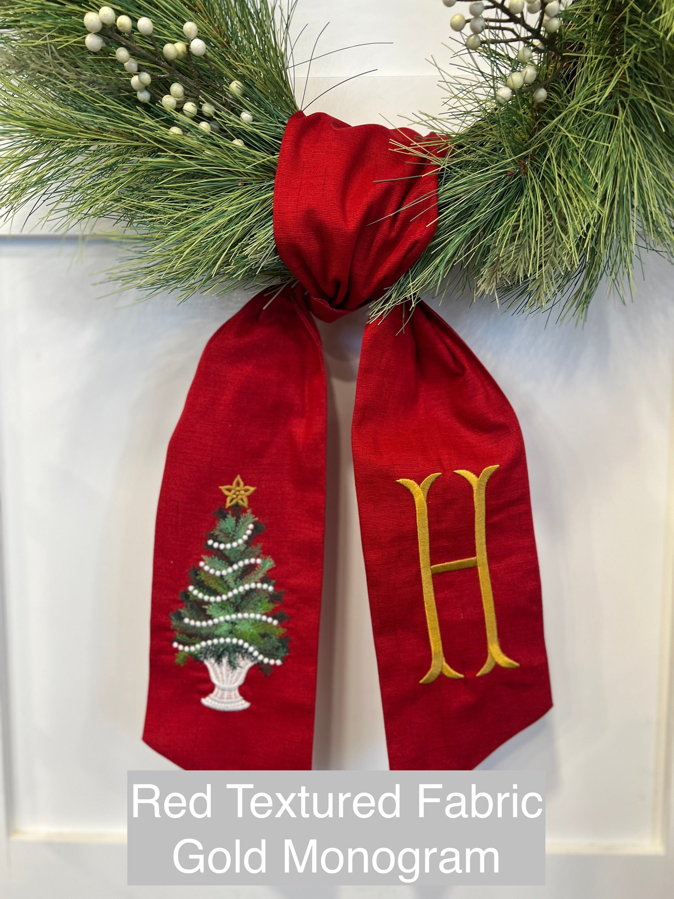 Emerald Green XL Christmas Tree Wreath Sash with Monogram, Wreath Bow, Front Door Christmas Decoration