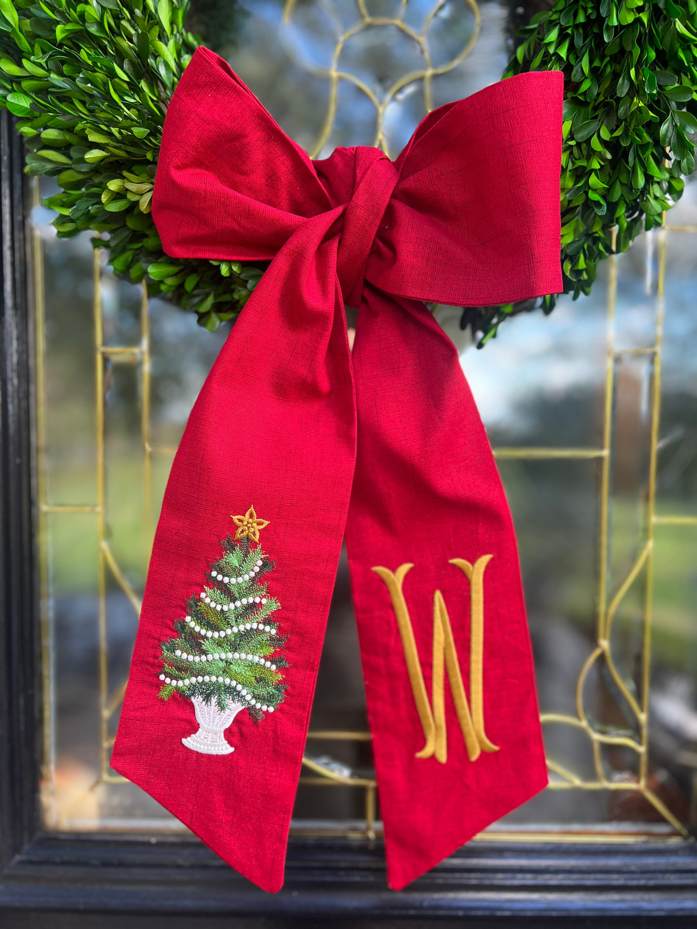Emerald Green XL Christmas Tree Wreath Sash with Monogram, Wreath Bow, Front Door Christmas Decoration