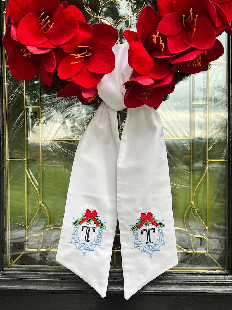 Chinoiserie Pagoda Christmas Monogram Wreath Sash, Wreath Bow, Chinoiserie Door Decor