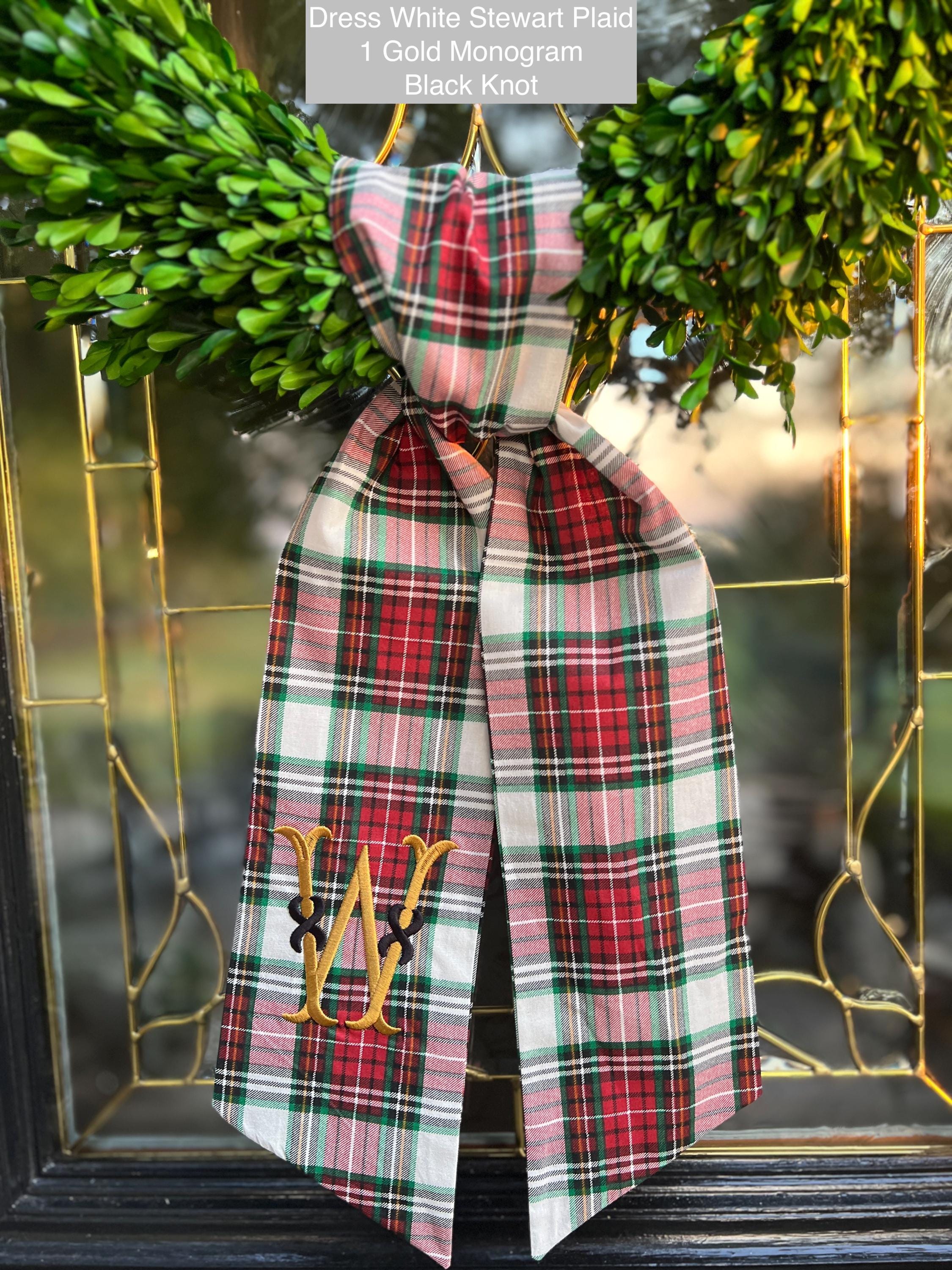 Christmas Tartan Plaid Wreath Sash with Monogram, Wreath Bow, Monogram Front Door, Housewarming Gift, Wedding Decor, Bridal Gift