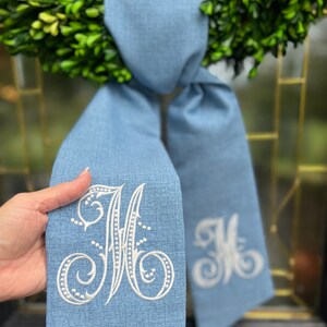 OUTDOOR FABRIC Wreath Sash with Beaded Script Monogram, Wreath Bow, Monogram Front Door, Housewarming Gift, Wedding Decor, Bridal Gift Chambray OUTDOOR