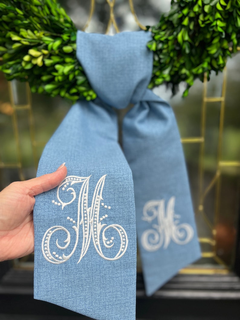 OUTDOOR FABRIC Wreath Sash with Beaded Script Monogram, Wreath Bow, Monogram Front Door, Housewarming Gift, Wedding Decor, Bridal Gift Chambray OUTDOOR