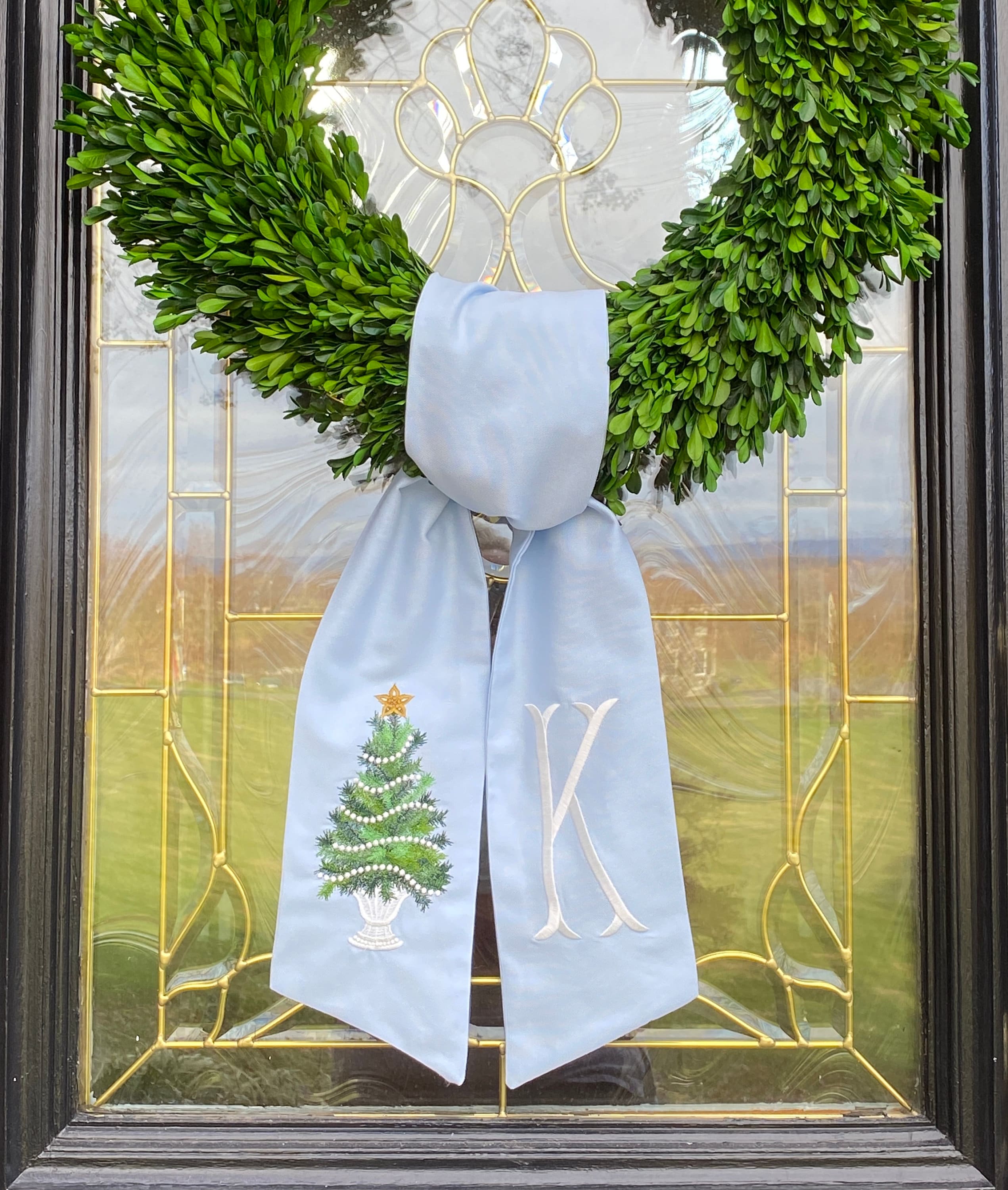 Emerald Green XL Christmas Tree Wreath Sash with Monogram, Wreath Bow, Front Door Christmas Decoration