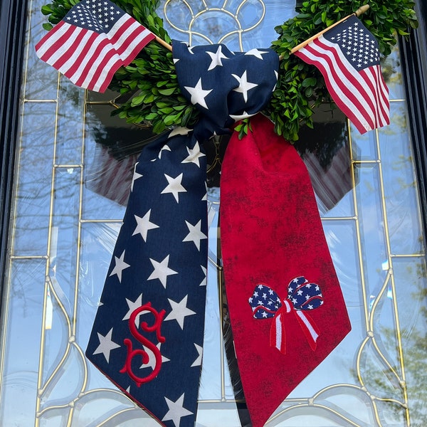 Patriotic Wreath Bow, July 4th Front Door Decor, Memorial Day Front Porch Wreath