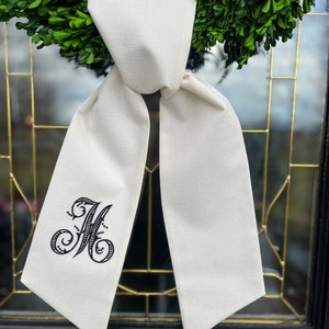 OUTDOOR FABRIC Wreath Sash with Beaded Script Monogram, Wreath Bow, Monogram Front Door, Housewarming Gift, Wedding Decor, Bridal Gift image 3