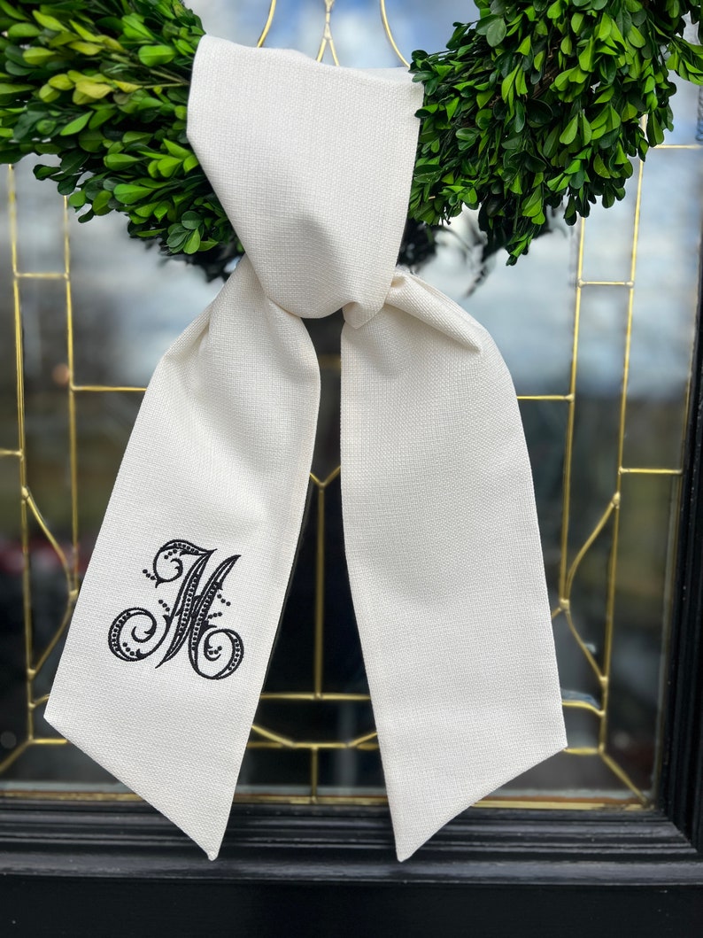 OUTDOOR FABRIC Wreath Sash with Beaded Script Monogram, Wreath Bow, Monogram Front Door, Housewarming Gift, Wedding Decor, Bridal Gift image 3