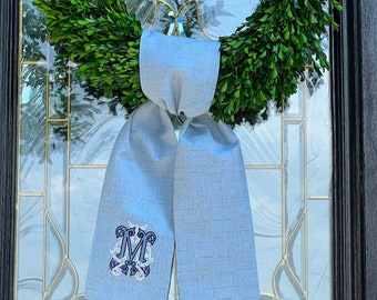 Wreath Sash with Monogram, Wreath Bow, Monogram Front Door, Housewarming Gift, Wedding Decor, Bridal Gift