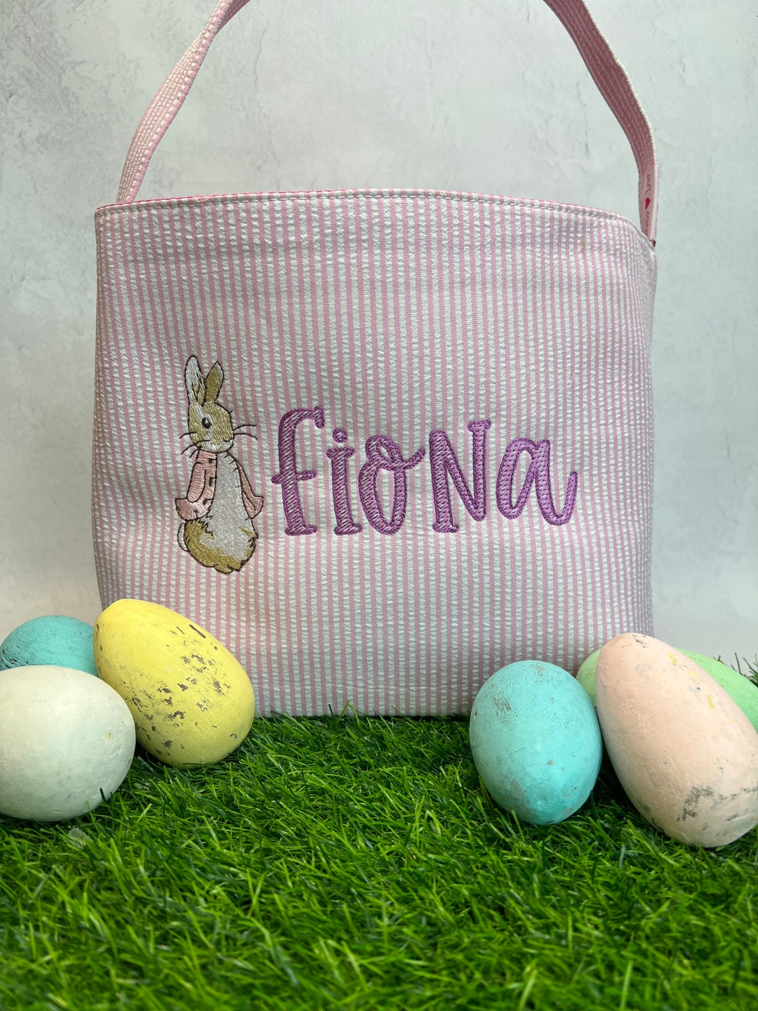 Personalized Easter Basket Bag For Kids – Custom Name Or Initials, Cotton Bunny Design, Large 47cm Tote For Candy & Toys