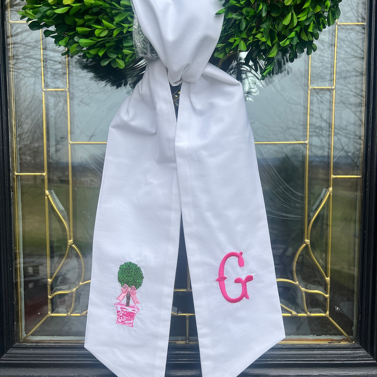 Pink Bow Topiary Monogram Wreath Sash