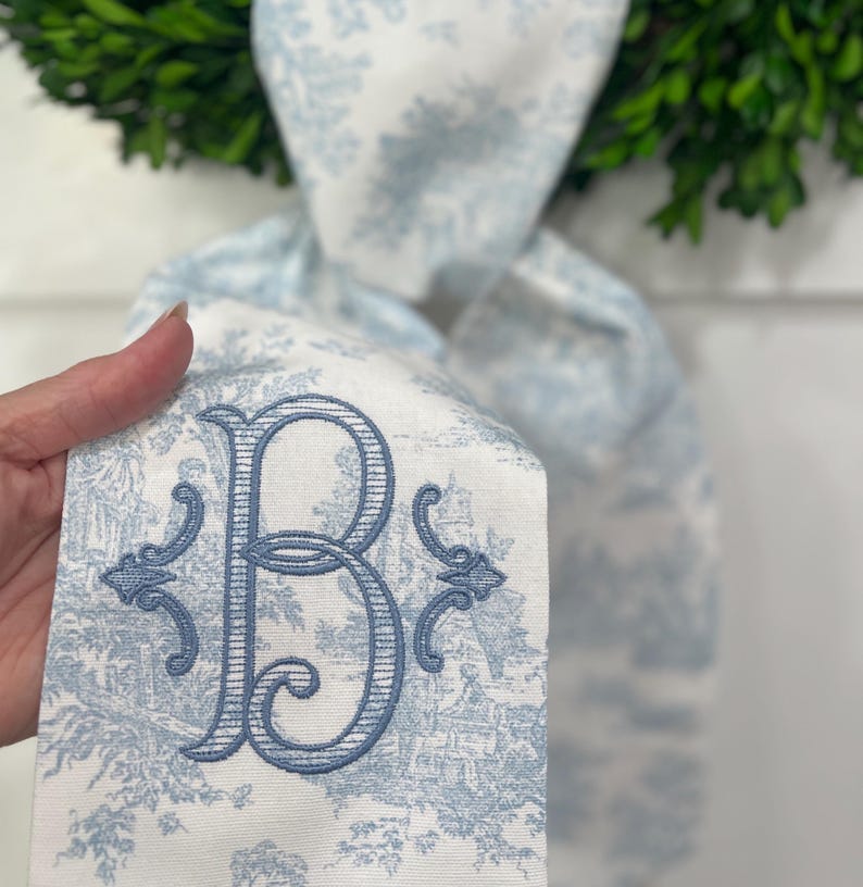 French Toile Wreath Sash: Rosella Lined Monogrammed Bow