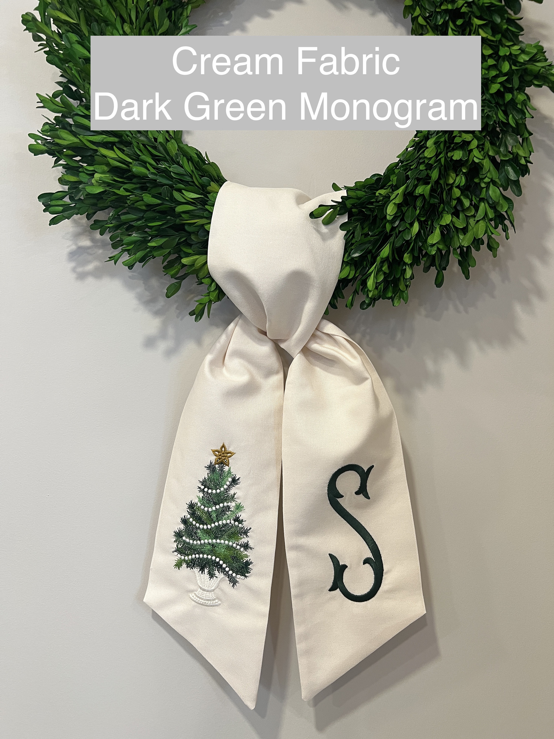 Emerald Green XL Christmas Tree Wreath Sash with Monogram, Wreath Bow, Front Door Christmas Decoration
