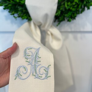 OUTDOOR FABRIC Wreath Sash with Beaded Script Monogram, Wreath Bow, Monogram Front Door, Housewarming Gift, Wedding Decor, Bridal Gift image 7