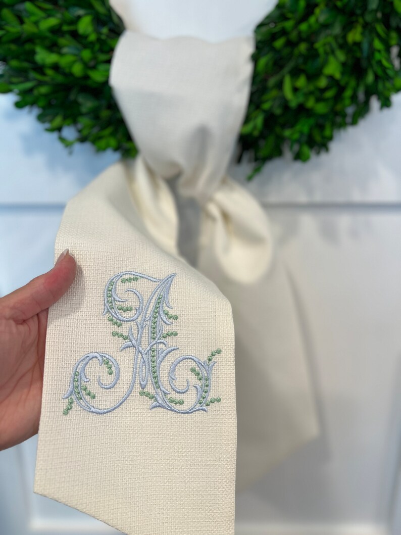 OUTDOOR FABRIC Wreath Sash with Beaded Script Monogram, Wreath Bow, Monogram Front Door, Housewarming Gift, Wedding Decor, Bridal Gift image 7