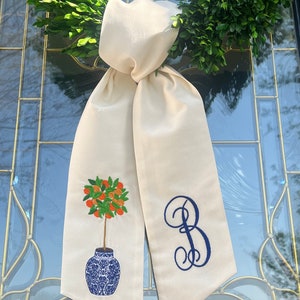 Orange Topiary Wreath Sash with Monogram, Wreath Bow, Front Door Decor, Housewarming Gift, Wedding Decor, Bridal Gift