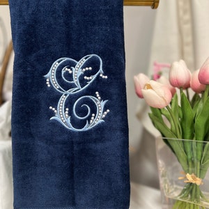 Custom Monogrammed Hand Towel with Beaded Script Monogram