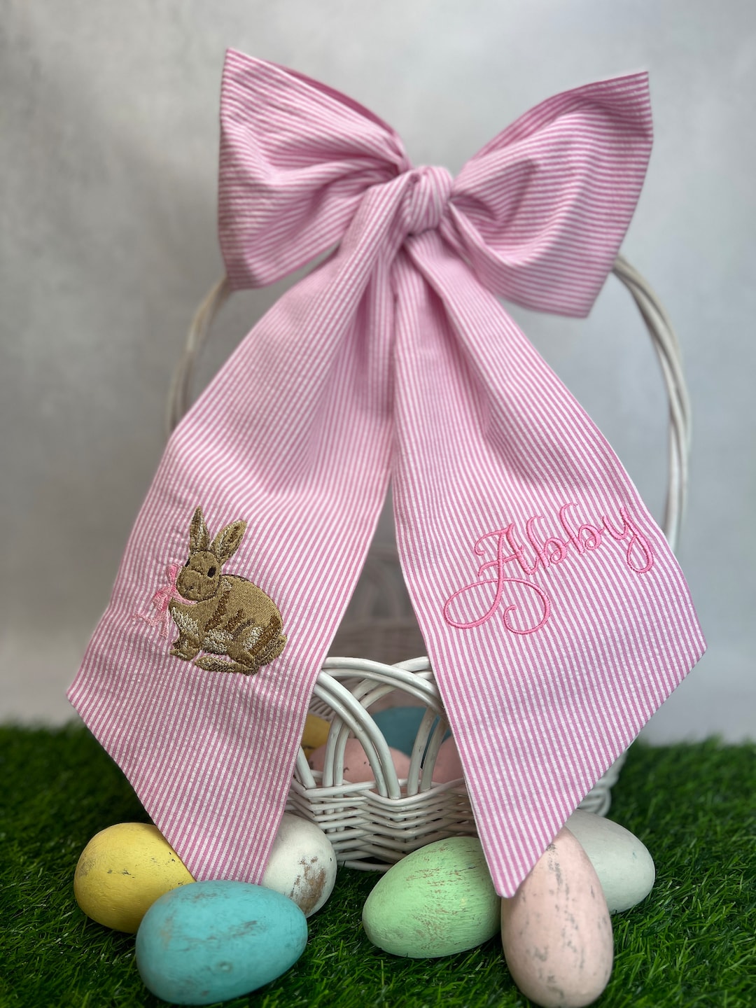 Easter Basket BOW With Name, BUNNY W/bow 70 LONGER Custom Bow, Gingham Bow, Rabbit Bow