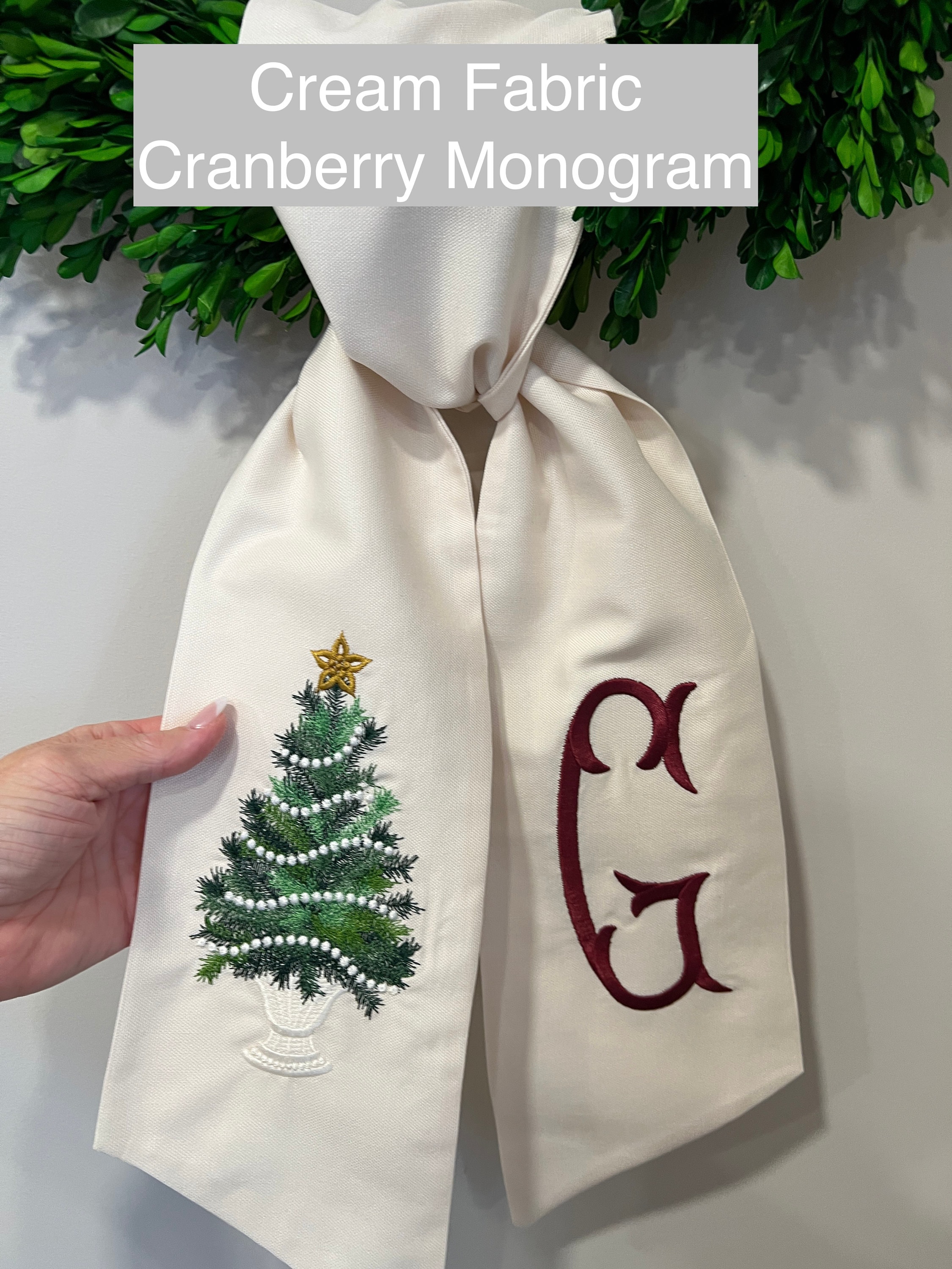 Emerald Green XL Christmas Tree Wreath Sash with Monogram, Wreath Bow, Front Door Christmas Decoration