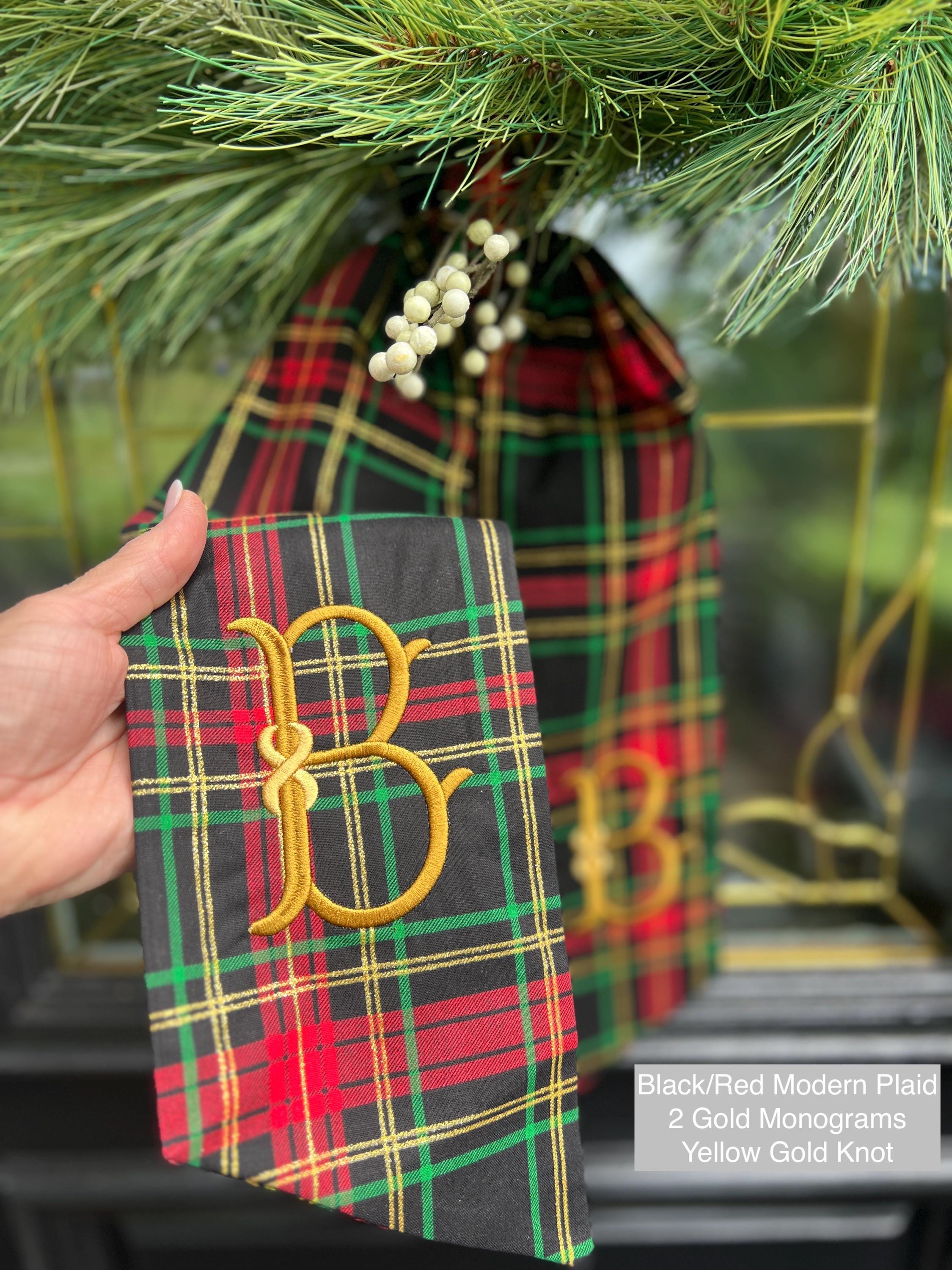 Christmas Tartan Plaid Wreath Sash with Monogram, Wreath Bow, Monogram Front Door, Housewarming Gift, Wedding Decor, Bridal Gift