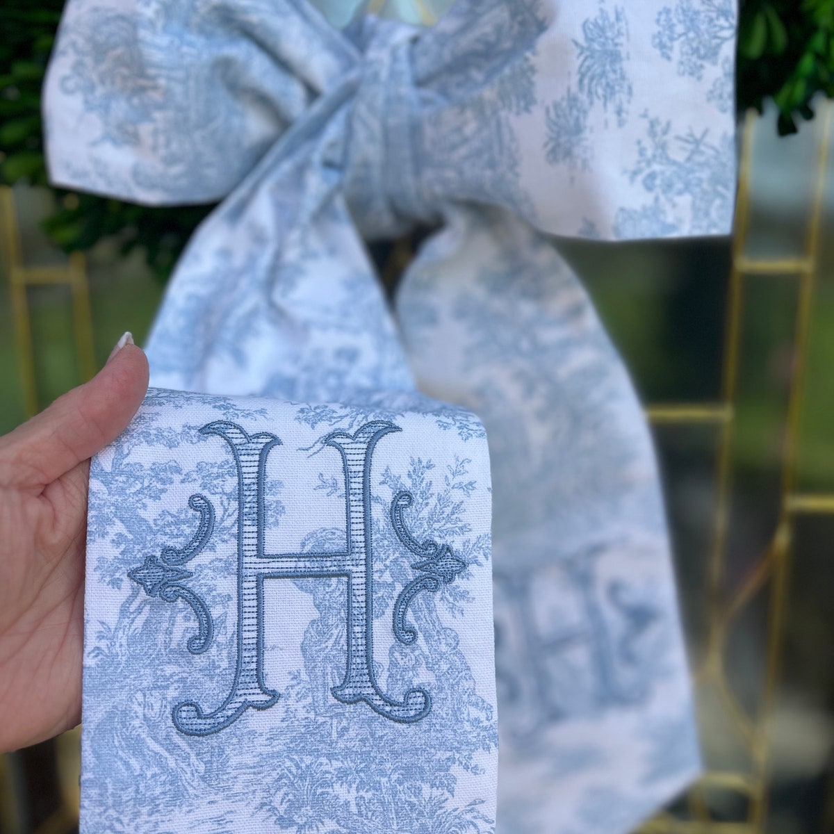80" LONGER Classic French Toile Wreath BOW With Monogram, Classic Monogram Wreath Bow - Etsy