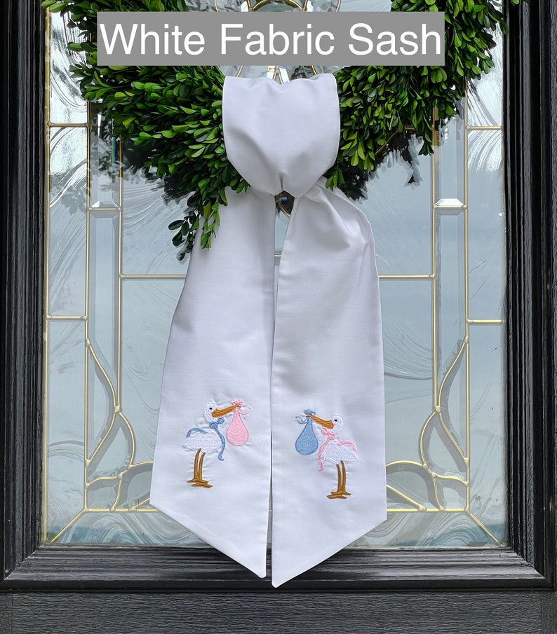 Stork Gender Reveal New Baby Wreath Sash, Baby Shower Gift, Embroidered Baby Shower Decoration White