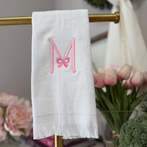 Monogrammed Fingertip Guest Towel, BOW MONOGRAM Fringed Embroidered Hand Towel