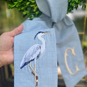 XL Blue Heron Wreath Sash with XL 6" Fishtail Monogram, Front Door Wreath Sash, Housewarming Gift