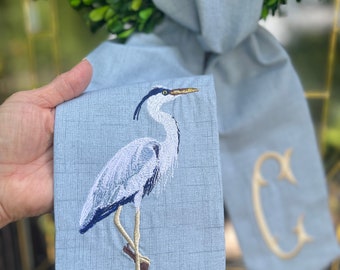 XL Blue Heron Wreath Sash with XL 6" Fishtail Monogram, Front Door Wreath Sash, Housewarming Gift