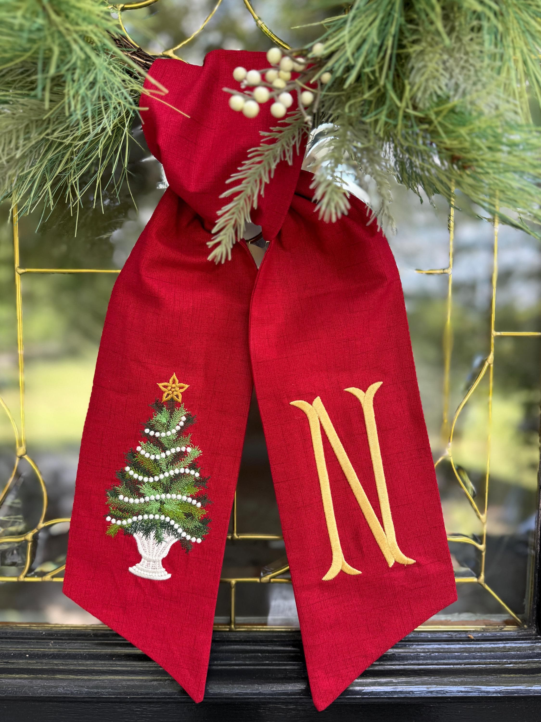 Emerald Green XL Christmas Tree Wreath Sash with Monogram, Wreath Bow, Front Door Christmas Decoration