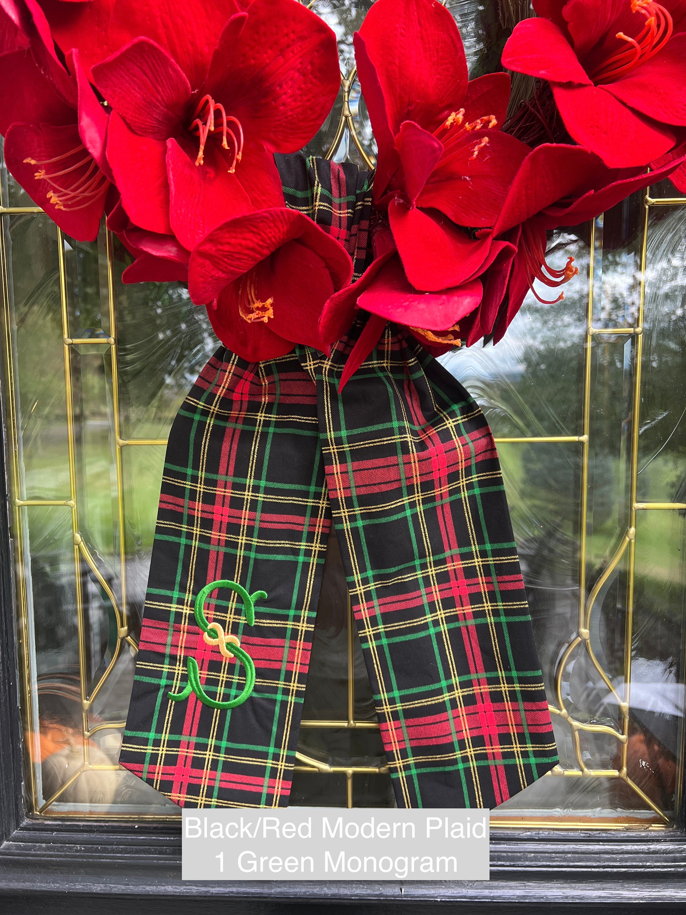 Christmas Tartan Plaid Wreath Sash with Monogram, Wreath Bow, Monogram Front Door, Housewarming Gift, Wedding Decor, Bridal Gift